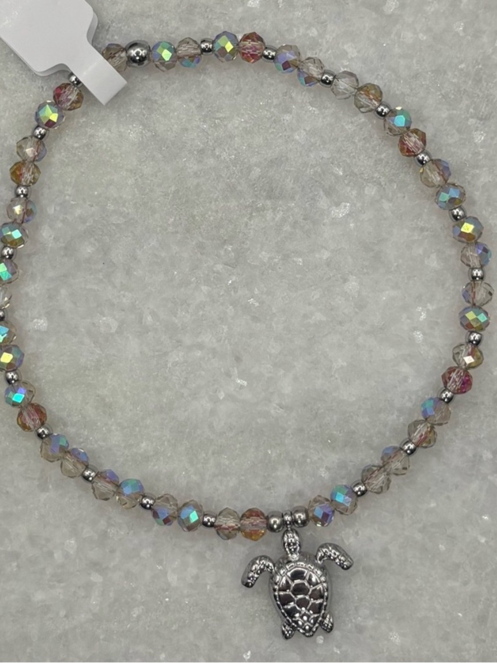 *ANKLET* S. Steel Silver Sea Turtle & AB Sunset Colors Stretchy Anklet - Picture 3 of 6